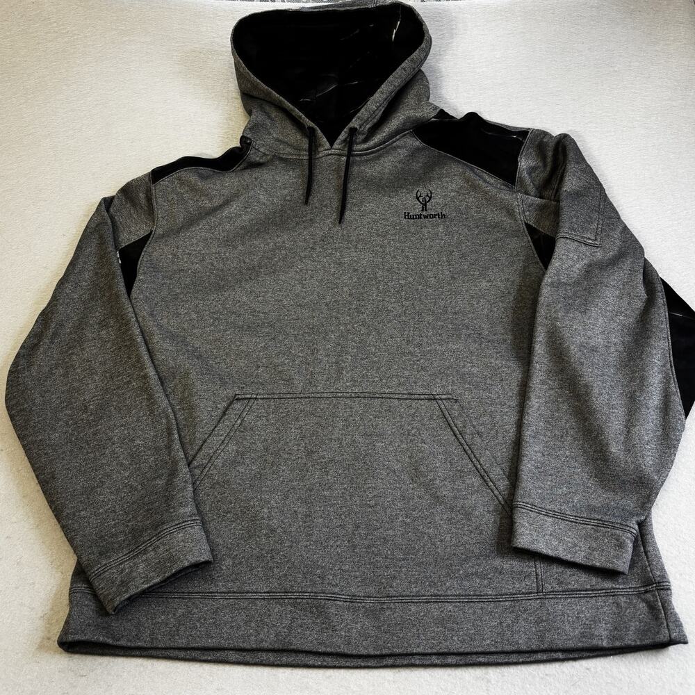 Huntworth Hoodie Mens XXL Gray Black Arm Pocket Hunting Outdoors Sweatshirt Deer